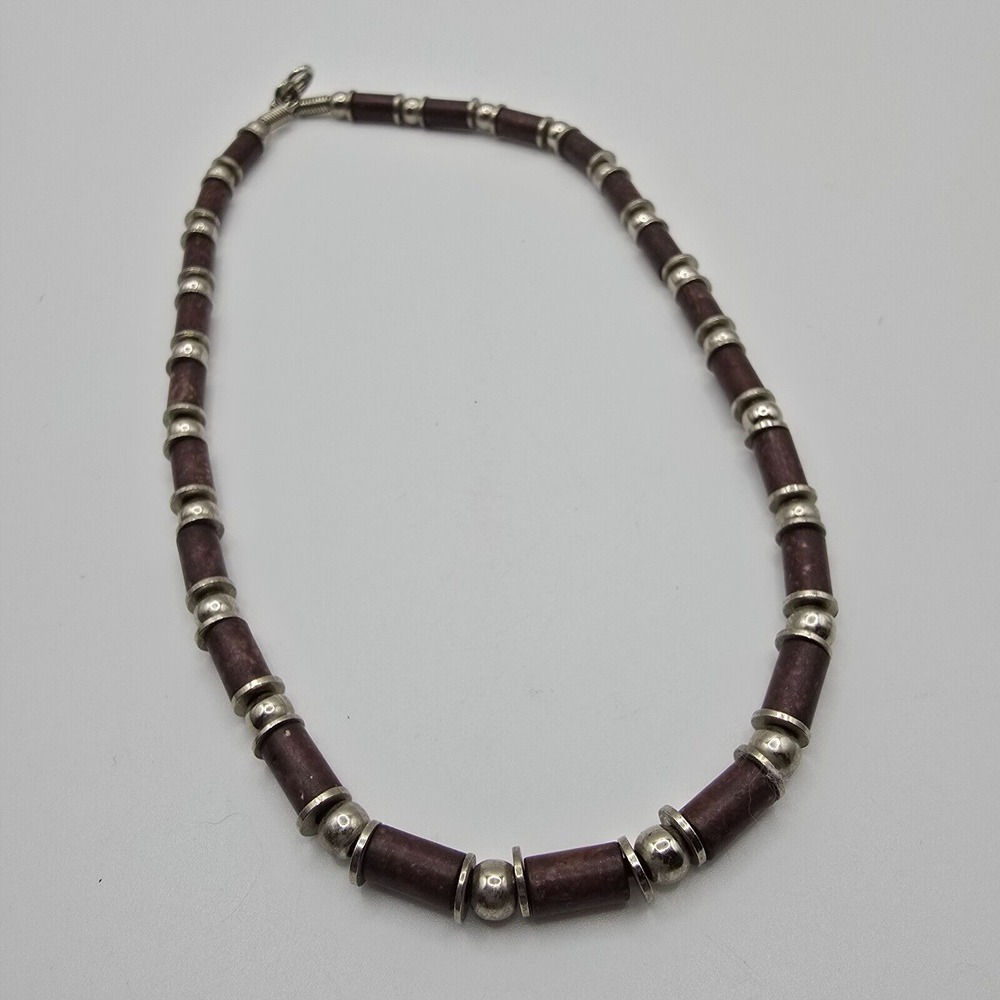 Brown Beaded Necklace Silver Tone Spacers Boho Rustic Southwestern